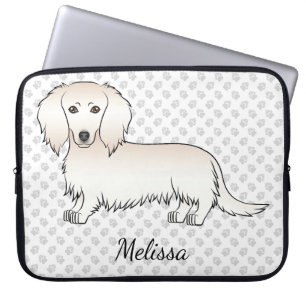 Cream Long Hair Dachshund Cartoon Dog & Text Laptop Sleeve