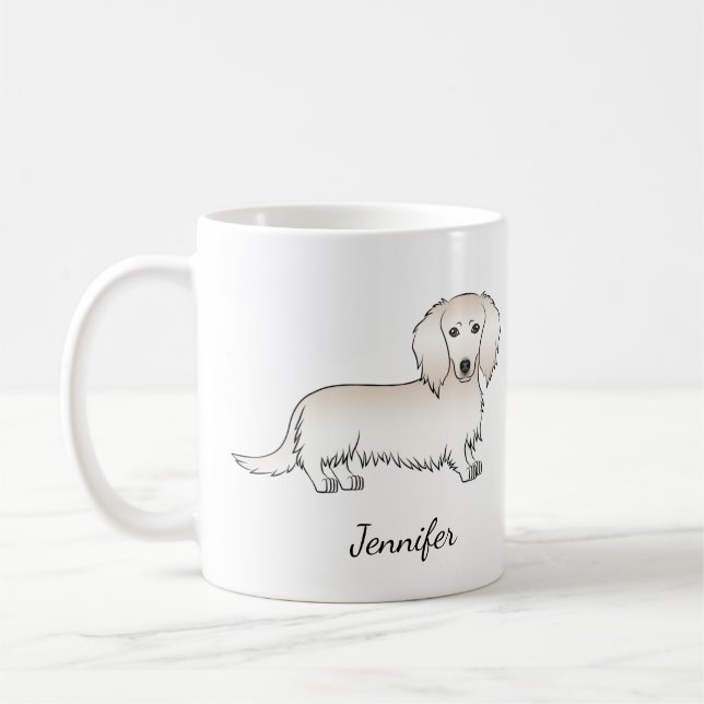 Cream Long Hair Dachshund Cute Cartoon Dog & Name Coffee Mug (Left)