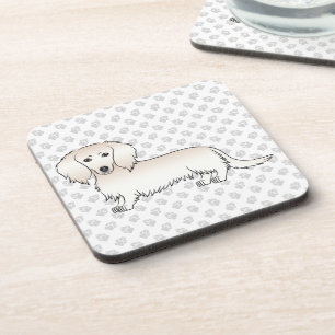 Cream Long Hair Dachshund Cute Cartoon Dog & Paws Coaster