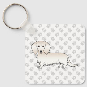 Cream Long Hair Dachshund Cute Cartoon Dog & Paws Key Ring