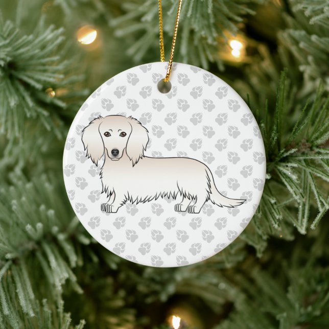Cream Long Hair Dachshund Cute Cartoon Dog & Text Ceramic Ornament (Tree)