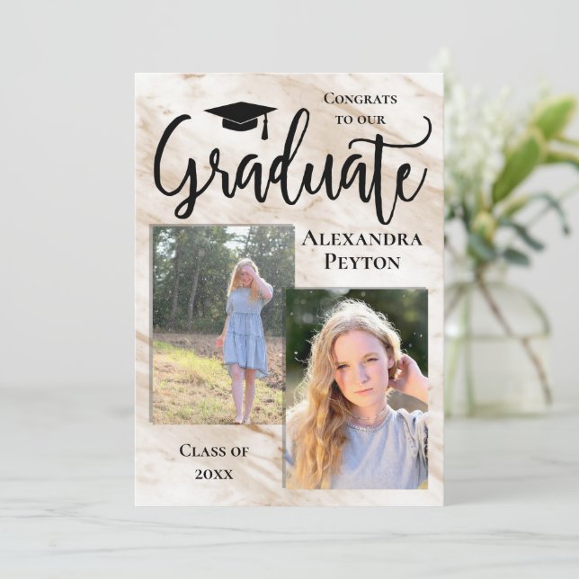 Cream Marble White Script Photo Graduation Invitation (Standing Front)