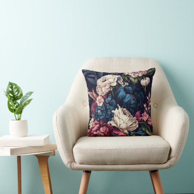 Cream, Mauve, and Blue Floral Throw Pillow (Chair)
