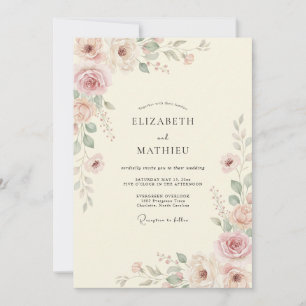 Cream Mauve Painted Leaf Wedding Invitation
