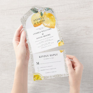 Cream Mediterranean Italian Tile & Lemon Wedding All In One Invitation