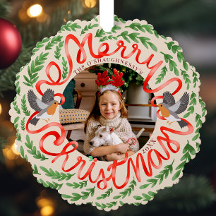 Cream Merry Christmas Folk Foliage Wreath Photo Tree Decoration Card