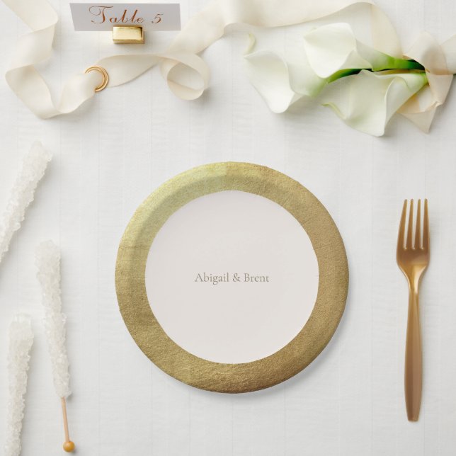 Cream & Metallic Gold Image Simple Wedding Paper Plate (Wedding)
