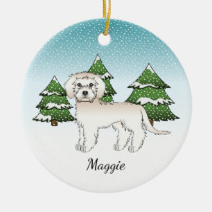 Cream Mini Goldendoodle - Winter Forest & Name Ceramic Ornament