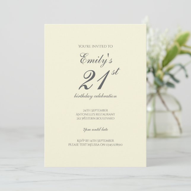 Cream Minimalist 21st Birthday Party Invitation (Standing Front)