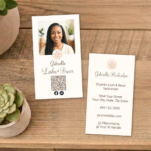 Cream Mocha Logo QR Code Photo Lashes and Brows Business Card
