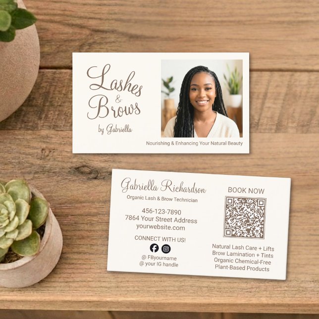 Cream Mocha Script Photo QR Code Lashes and Brows Business Card (Creator Uploaded)