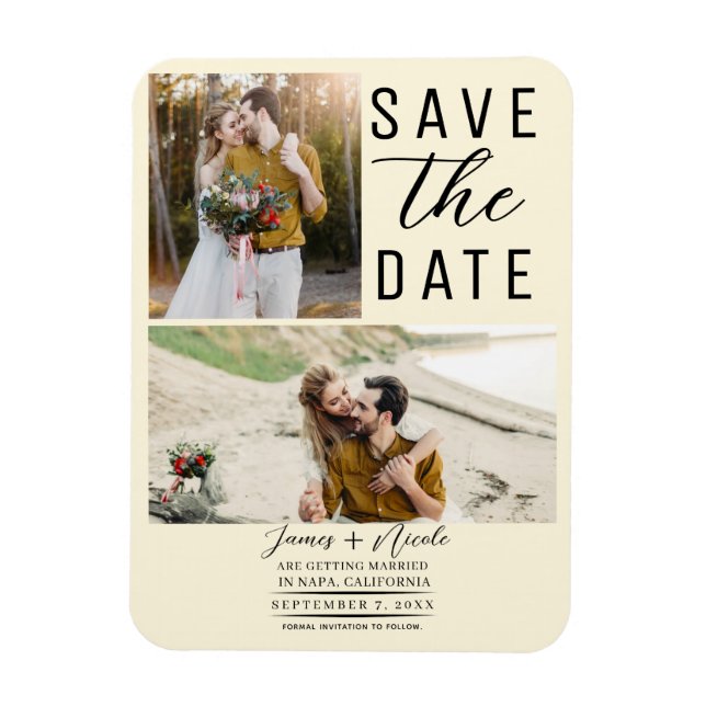 Cream Modern 2 Photos Save the Date Wedding Magnet (Vertical)