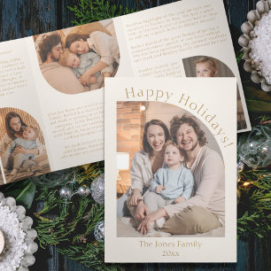 Cream Modern Arch Year in Review Family Update Tri-Fold Holiday Card