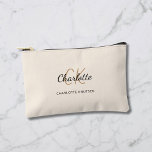 Cream name monogram initials modern accessory pouch<br><div class="desc">A cream,  beige coloured background,  black and golden text. 
Personalise and add your first name,  monogram initials and full name.</div>