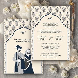 Cream Navy Blue Punjabi Anand Karaj Sikh Wedding Invitation