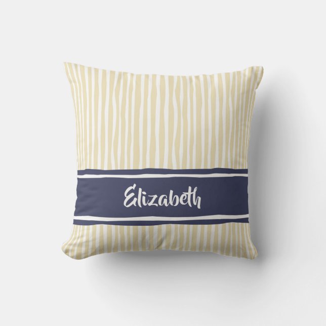 Cream Navy Hand Drawn Stripe Name Cushion (Front)