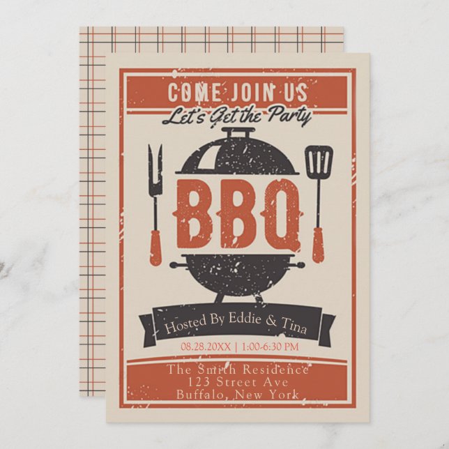 Cream Navy Orange BBQ Party Invitation (Front/Back)