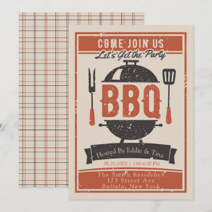 Cream Navy Orange BBQ Party Invitation