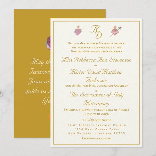 Cream/Ochre Two Hearts Catholic Wedding Invitation (Front/Back)