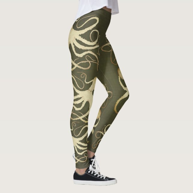 Cream Octopus on Army Green - Leggings (Right)