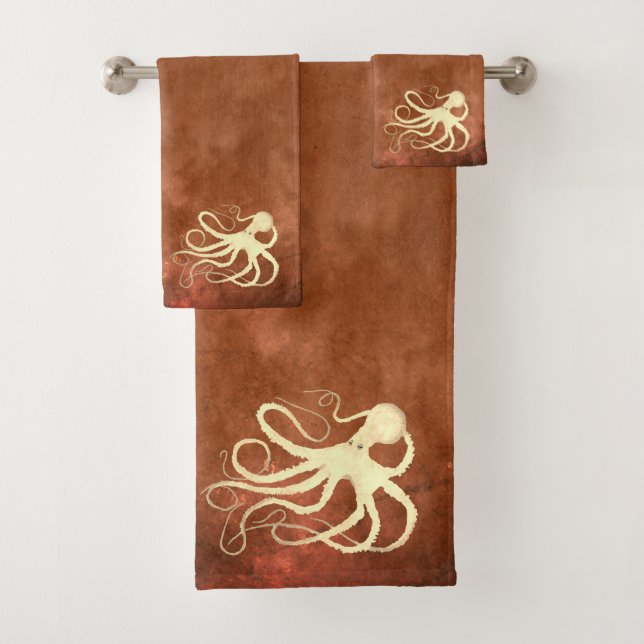 Cream Octopus on Chocolate - Bathroom Towel Set (Insitu)