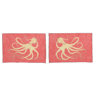 Cream Octopus on Coral - 2 Standard Pillowcases