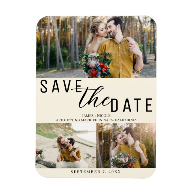 Cream Off White Save the Date Wedding 3 Photos Magnet (Vertical)
