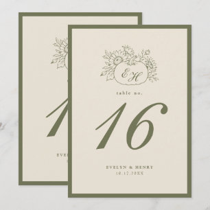 Cream Olive Monogram Wedding Table Number