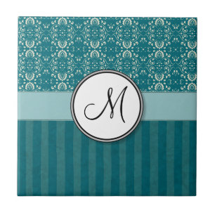 Cream on Teal Damask with Stripes and Monogram Ceramic Tile