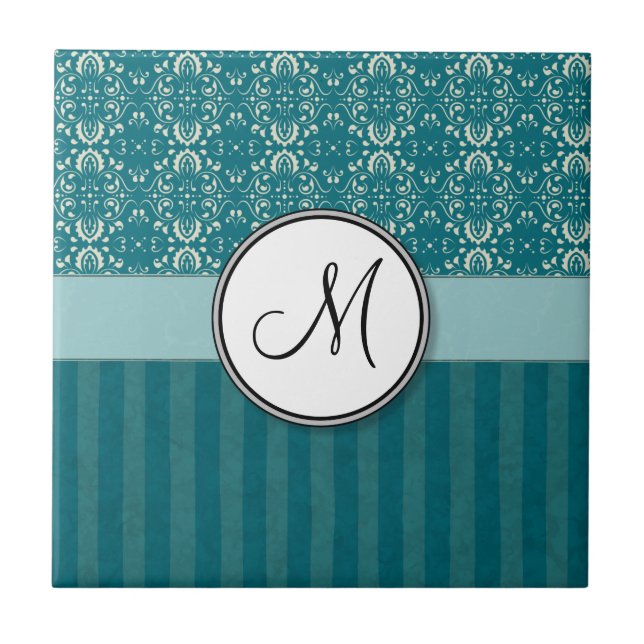 Cream on Teal Damask with Stripes and Monogram Ceramic Tile (Front)