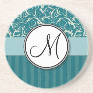 Cream on Teal Floral Wisps & Stripes with Monogram Coaster