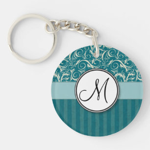 Cream on Teal Floral Wisps & Stripes with Monogram Key Ring