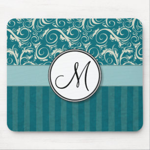 Cream on Teal Floral Wisps & Stripes with Monogram Mouse Pad