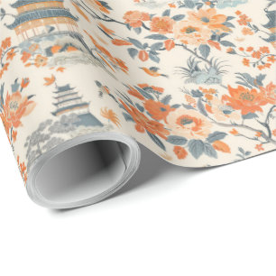 Cream Orange Floral House Chinoiserie Wrapping Paper
