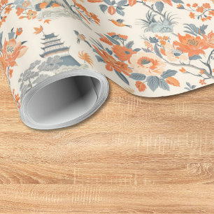 Cream Orange Floral House Chinoiserie Wrapping Paper