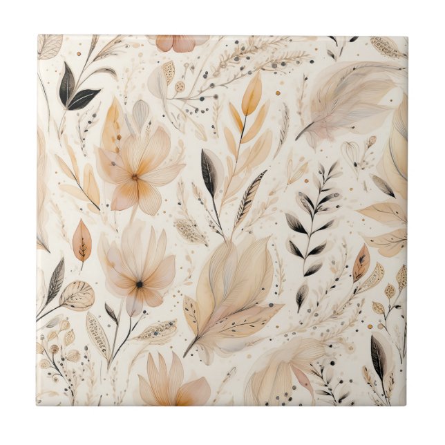 Cream orange floral pattern ceramic tile (Front)