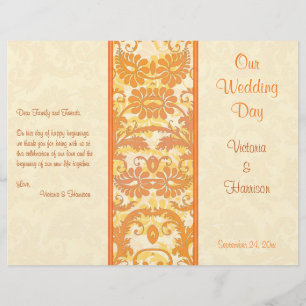 Cream, Orange, Gold Damask Wedding Program
