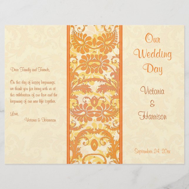 Cream, Orange, Gold Damask Wedding Program (Front)