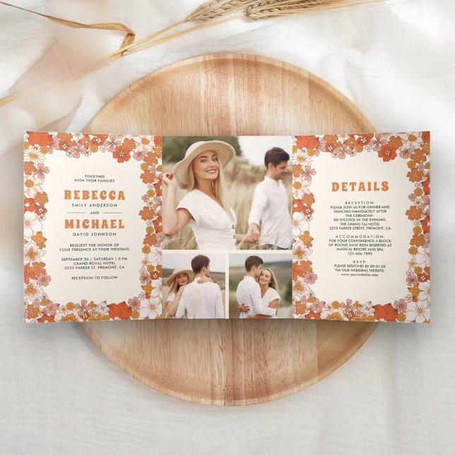 Cream Orange Groovy Retro Wildflower Wedding Tri-Fold Invitation (Creator Uploaded)