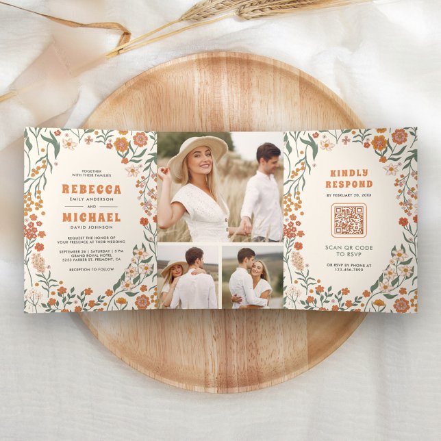 Cream Orange Groovy Wildflower All in One Wedding Tri-Fold Invitation (Creator Uploaded)