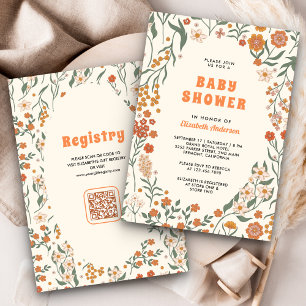 Cream Orange Groovy Wildflower Baby Shower Invitation