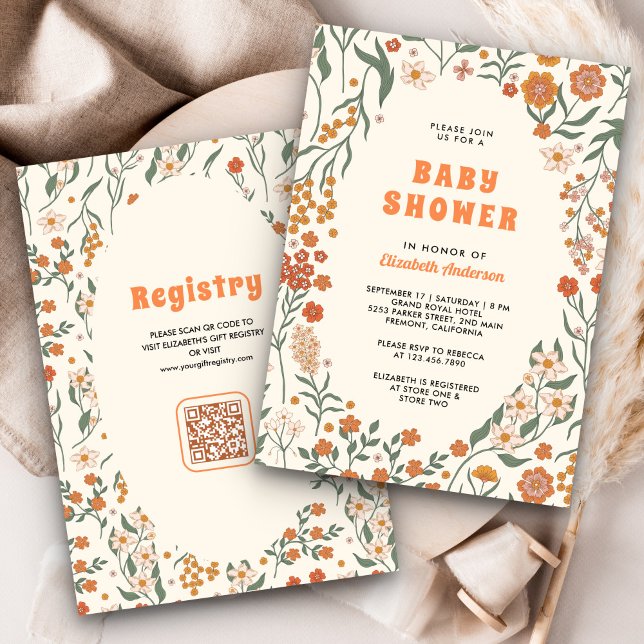 Cream Orange Groovy Wildflower Baby Shower Invitation (Creator Uploaded)