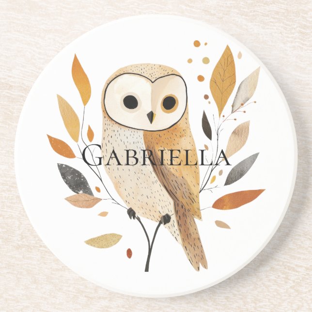 Cream Orange Owl with Leaves Coaster (Front)