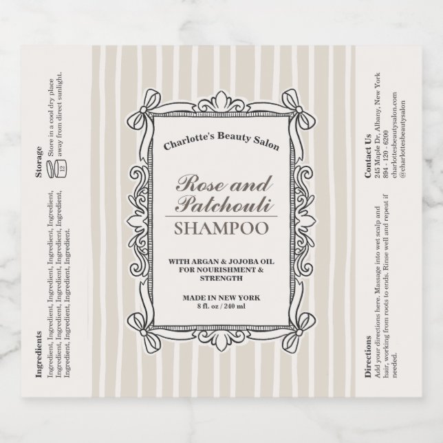 Cream Ornate Bow Frame Shampoo Bottle Label (Single Label)