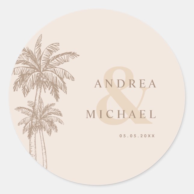 Cream Palm Trees & Ampersand Names Wedding Classic Round Sticker (Front)