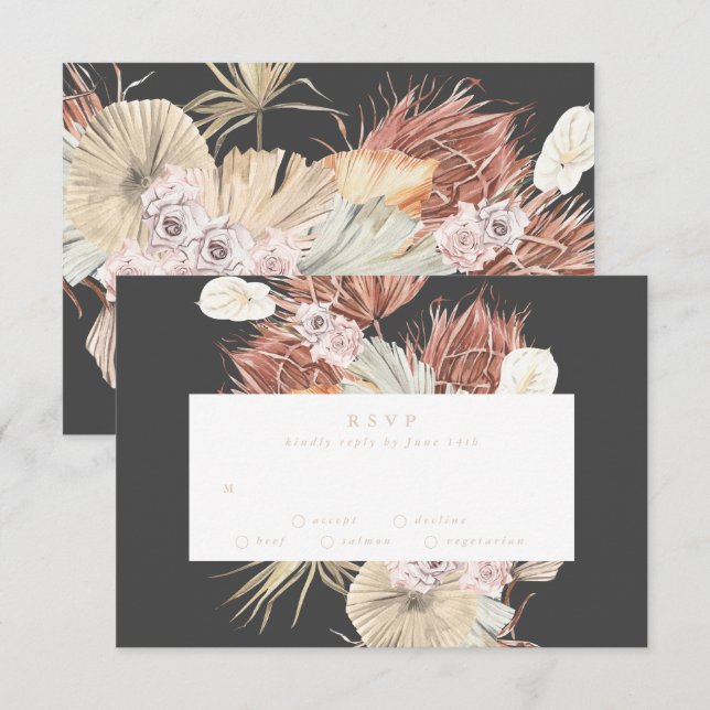 Cream Pampas Grass Floral Charcoal Jungle Wedding RSVP Card (Front/Back)
