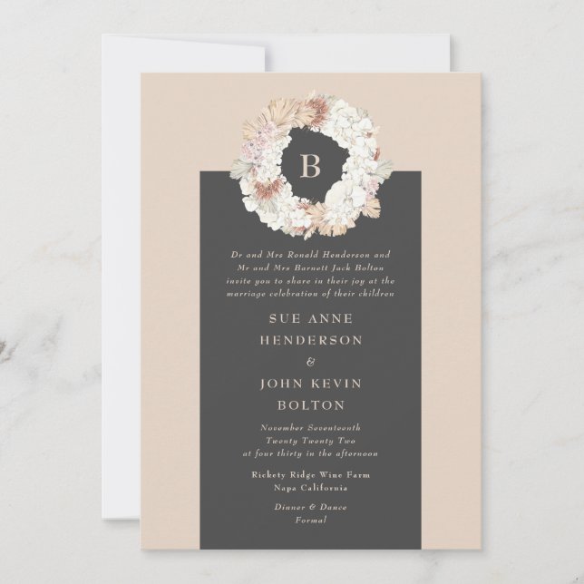 Cream Pampas Wreath Charcoal Monogram Wedding Invitation (Front)