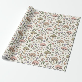 Cream Pastel Mushroom Fungi Seamless Pattern Wrapping Paper