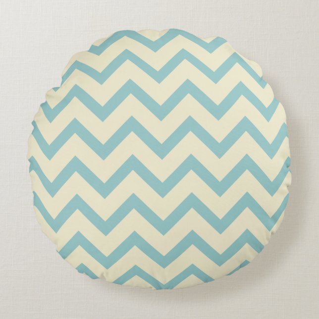 Cream & Pastel Teal Chevron Zigzag Pattern Round Cushion (Front)