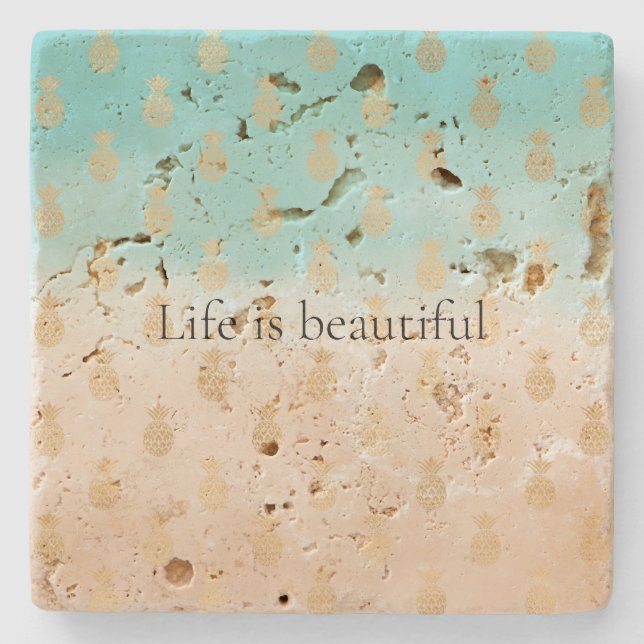 Cream Peach Aqua Ombre Gold Pineapples  Stone Coaster (Front)